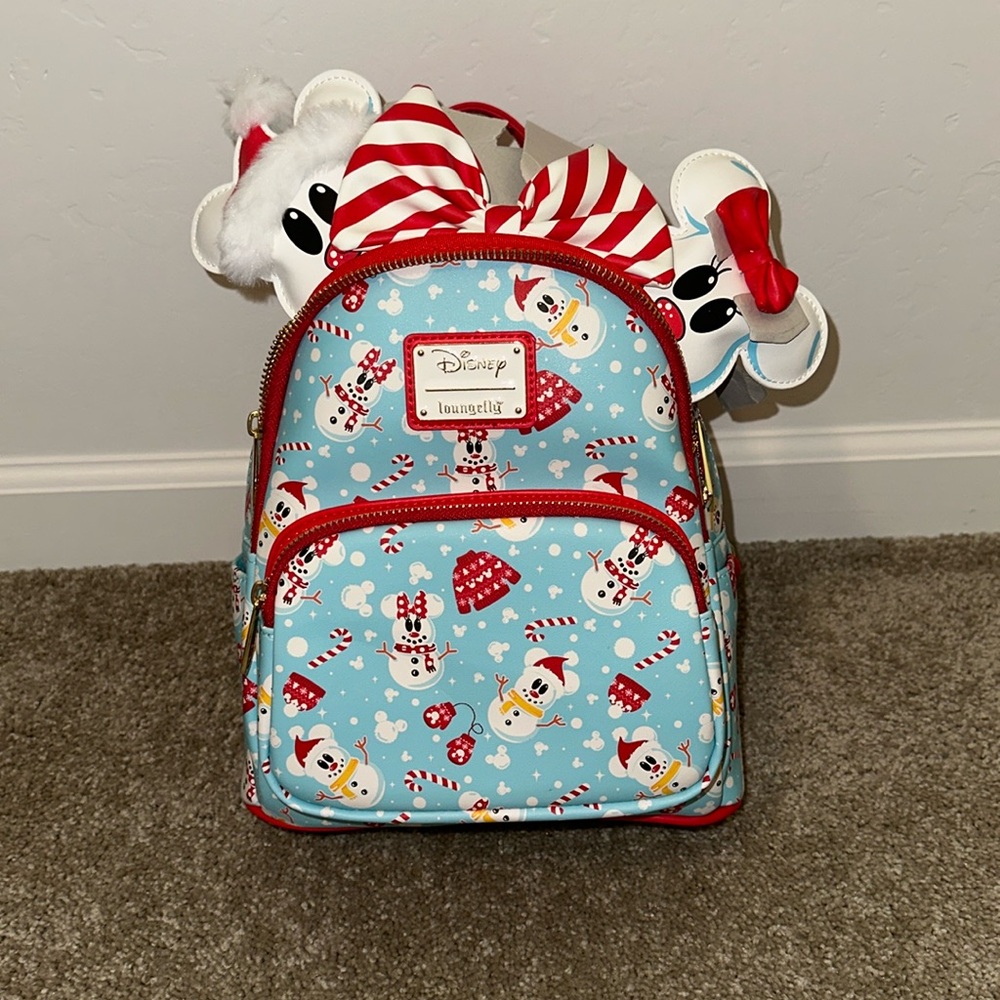 Loungefly Disney Christmas Mickey and Minnie Snowman Mini Backpack with Headband